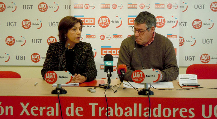Irene Martínez y Ramiro Otero, en la rueda de prensa conjunta de UGT y Comisiones.