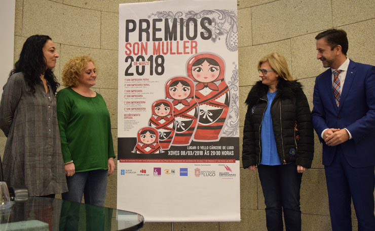 Ana González Abelleira, Sonsoles López Izquierdo, Beatriz Varela Regueira e Óscar Salgado, na presentación dos premios Son Muller 2018./D.LUGO.