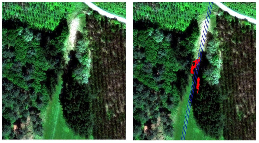 una imagen captada por satélite y una imagen con la línea eléctrica, en azul y zonas de vegetación próximas, en rojo.