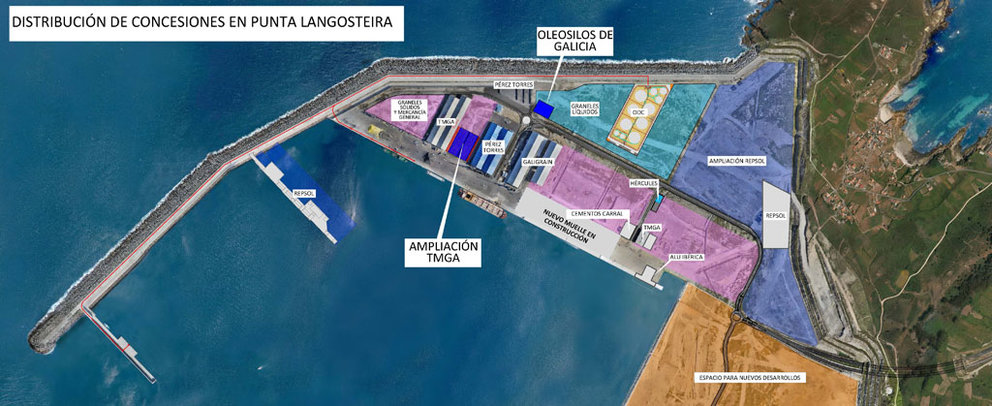 Plano de Punta Langosteira con las nuevas instalaciones de TGM y Oleosilos.