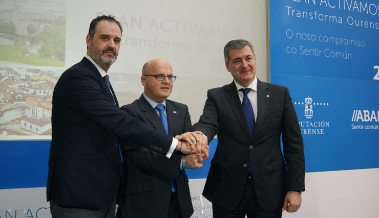 Rubén Saavedra, Manuel Baltar y Santiago Novoa en la renovación del Plan Activamos-Transforma Ourense./P.L.