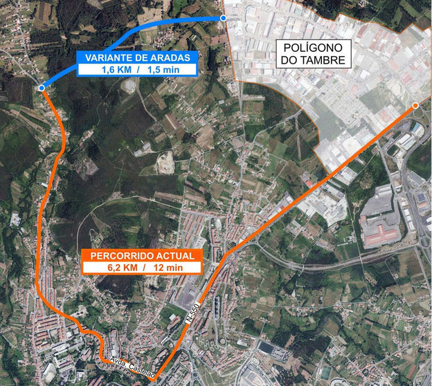 La variante de Aradas reduce en 20 minutos el trayecto entre el polígono de Bértoa, en Carballo, y el del Tambre, en Santiago.
