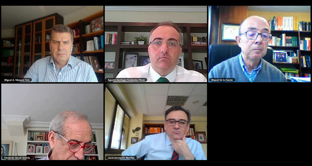 Miguel Vázquez Taín, Agustín Fernández, Miguel de la Fuente, Fernando García y Jesús Sanmartín, en la convocatoria online de los economistas.