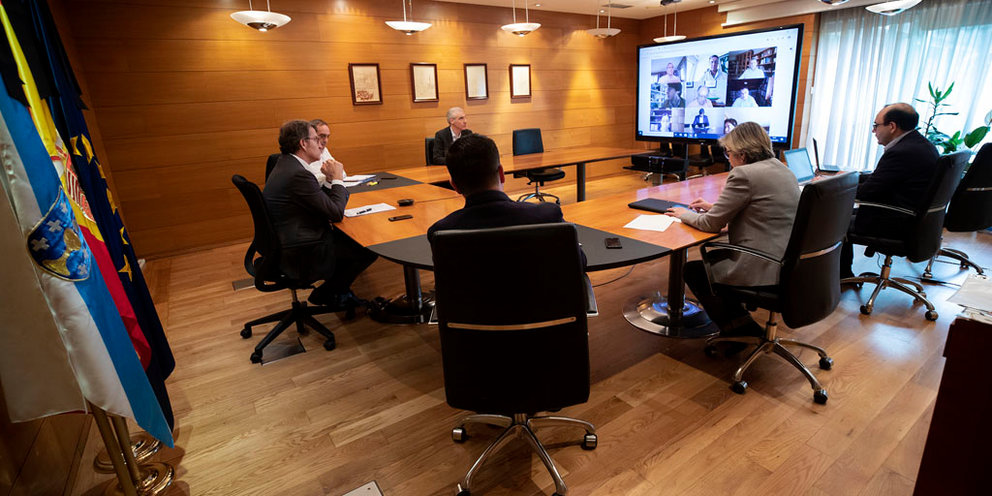 Videoconferencia del presidente de la Xunta y varios conselleiros con expertos económicos./A.VARELA.