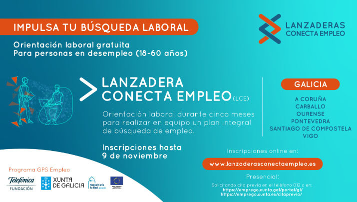 Las Lanzaderas Conecta Empleo Comenzará en noviembre en A Coruña, Carballo, Ourense, Pontevedra, Santiago de Compostela y Vigo.