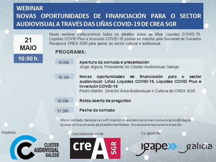 Webinar del Clúster Audiovisual Galego sobre las líneas de financiación de CREA SGR.