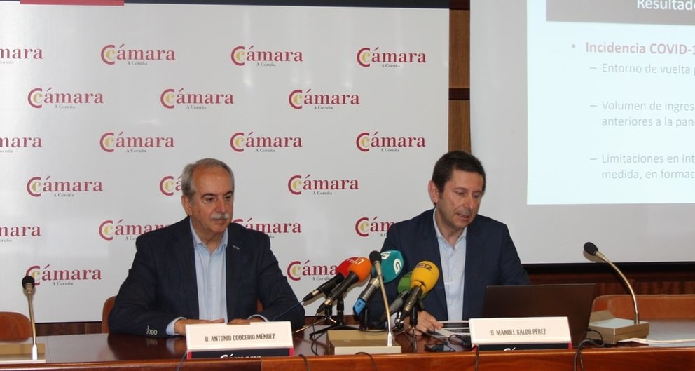 El presidente de la Cámara de A Coruña, Antonio Couceiro, y el director general, Manuel Galdo, presentaron el balance de 2021.