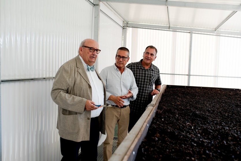 El presidente de Terras Gauda, José María Fonseca, el director enológico, Emilio Rodríguez, y el catedrático Jorge Domínguez, supervisan el proceso de vermicompostaje.