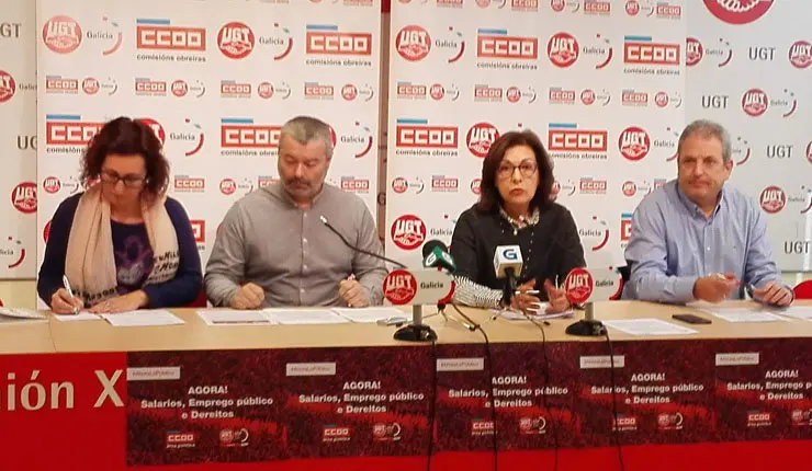 Responsables de UGT-Galicia e CCOO presentaron en Santiago a campaña conxunta "Agora: salarios, emprego público e dereitos”.