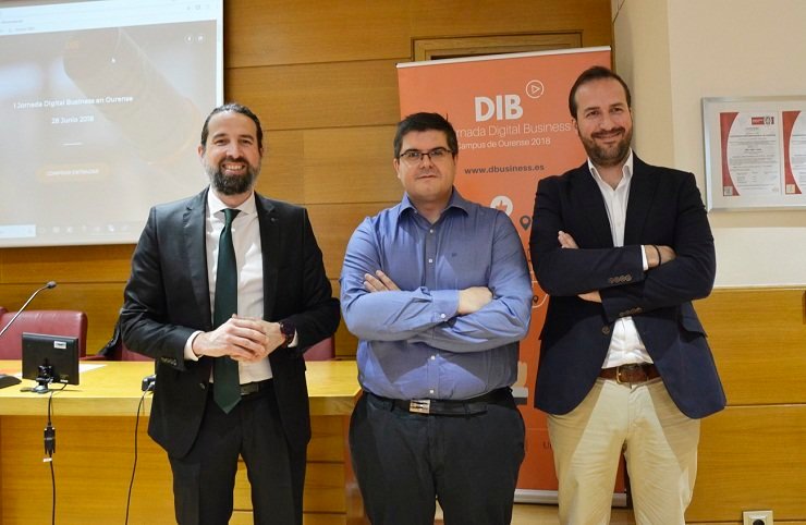 Virxilio Rodríguez, Francisco Javier Rodríguez y César González presentaron la jornada Digital Business-Campus de Ourense en la sede de la CEO./DUVI.