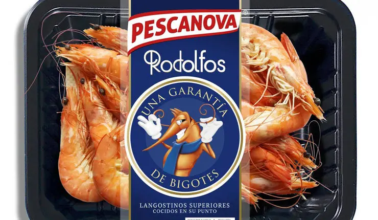 Caja de langostinos de Nueva Pescanova con el sello &#34;Rodolfos&#34;.