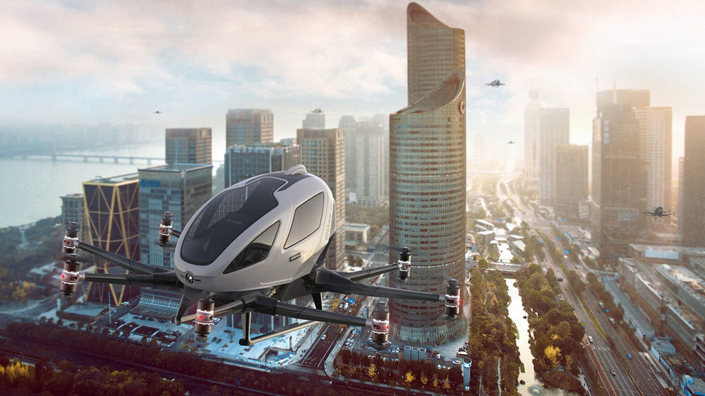 Recreación de vehículos de movilidad aérea urbana como los que plantea el proyecto AMU-LED.