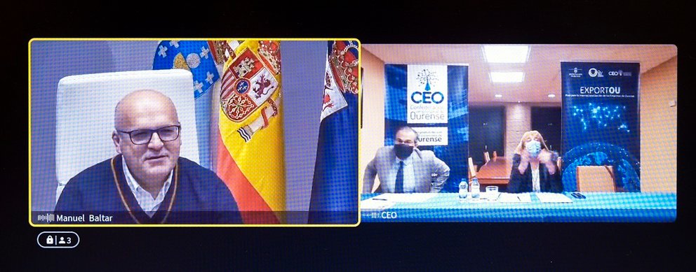 Videoconferencia Manuel Baltar (Presidente da Deputación Ourense) con Marisol Novoa Rodríguez (Presidenta da CEO) e Jaime Pereira Novoa (Secretario Xeral).