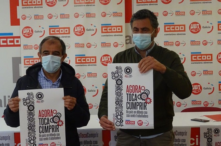 José Antonio Gómez e Ramón Sarmiento presentaron o lema da mobilización conxunta de UGT e CCOO no Primeiro de maio.