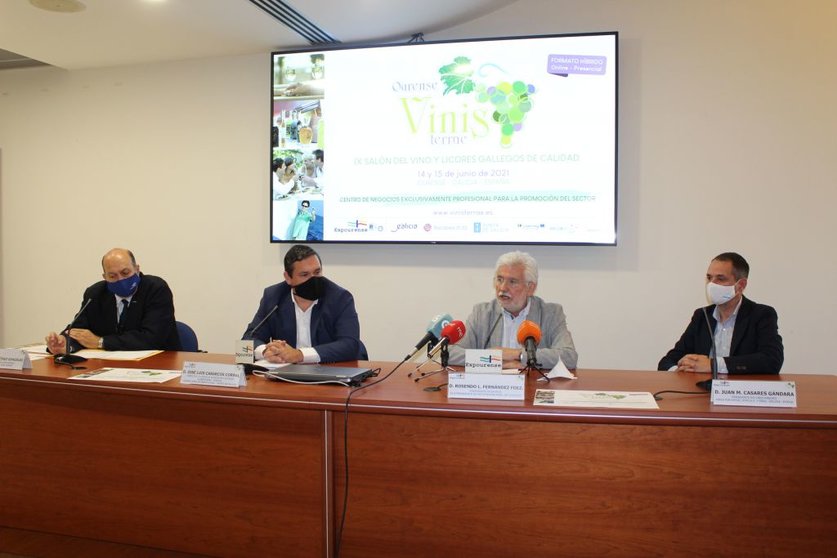 El gerente de Expourense, el director de Agacal, el presidente del Inorde, y el presidente del CRDO Ribeiro, en la presentación de Ourense Vinis Terrae.