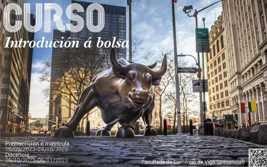 Cartel del curso "Introducción a la Bolsa 2023"organizado por la Universidad de Vigo.