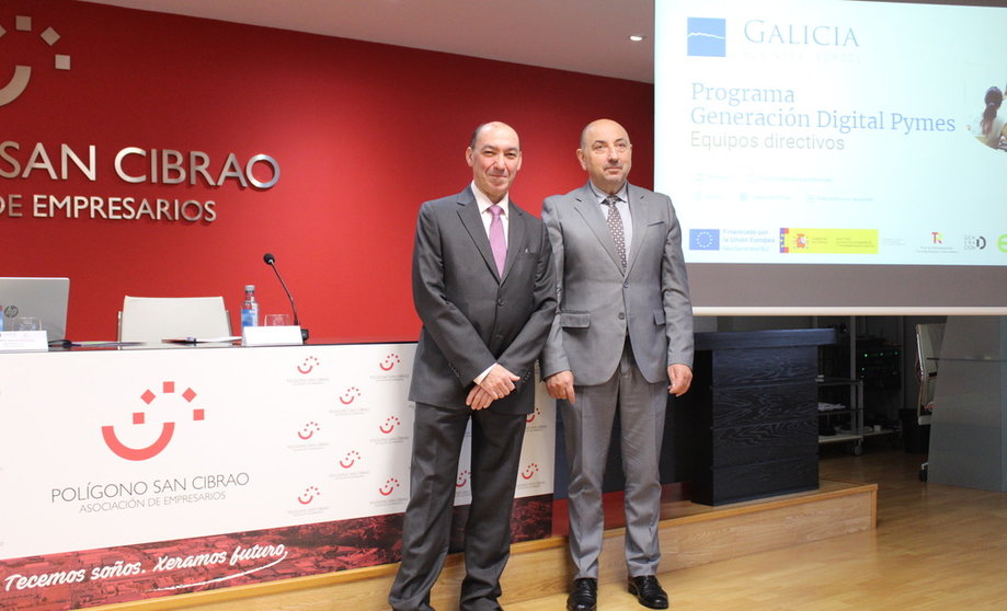 Eduardo García Erquiaga, director general de Galicia Business School, y Jose Antonio Rodríguez Araujo, presidente de los empresarios del Polígono de San Cibrao.